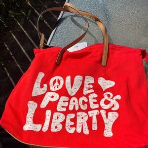Red Canvas Tote Bag with Love Peace & Liberty Design